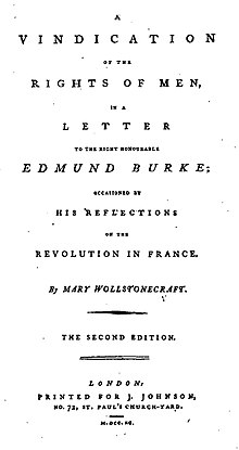 La page se lit ainsi : A Vindication of the Rights of Men, in a Letter to the Right Honourable Edmund Burke; Occasioned by His Reflections on the Revolution in France. By Mary Wollstonecraft. The Second Edition. London: Printed for J. Johnson, No. 72, St. Paul's Church-Yard. M.DCC.XC.