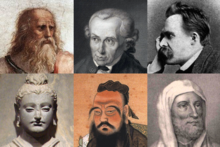 从左到右：柏拉图、康德、尼采、释迦牟尼、孔子、伊本·西那